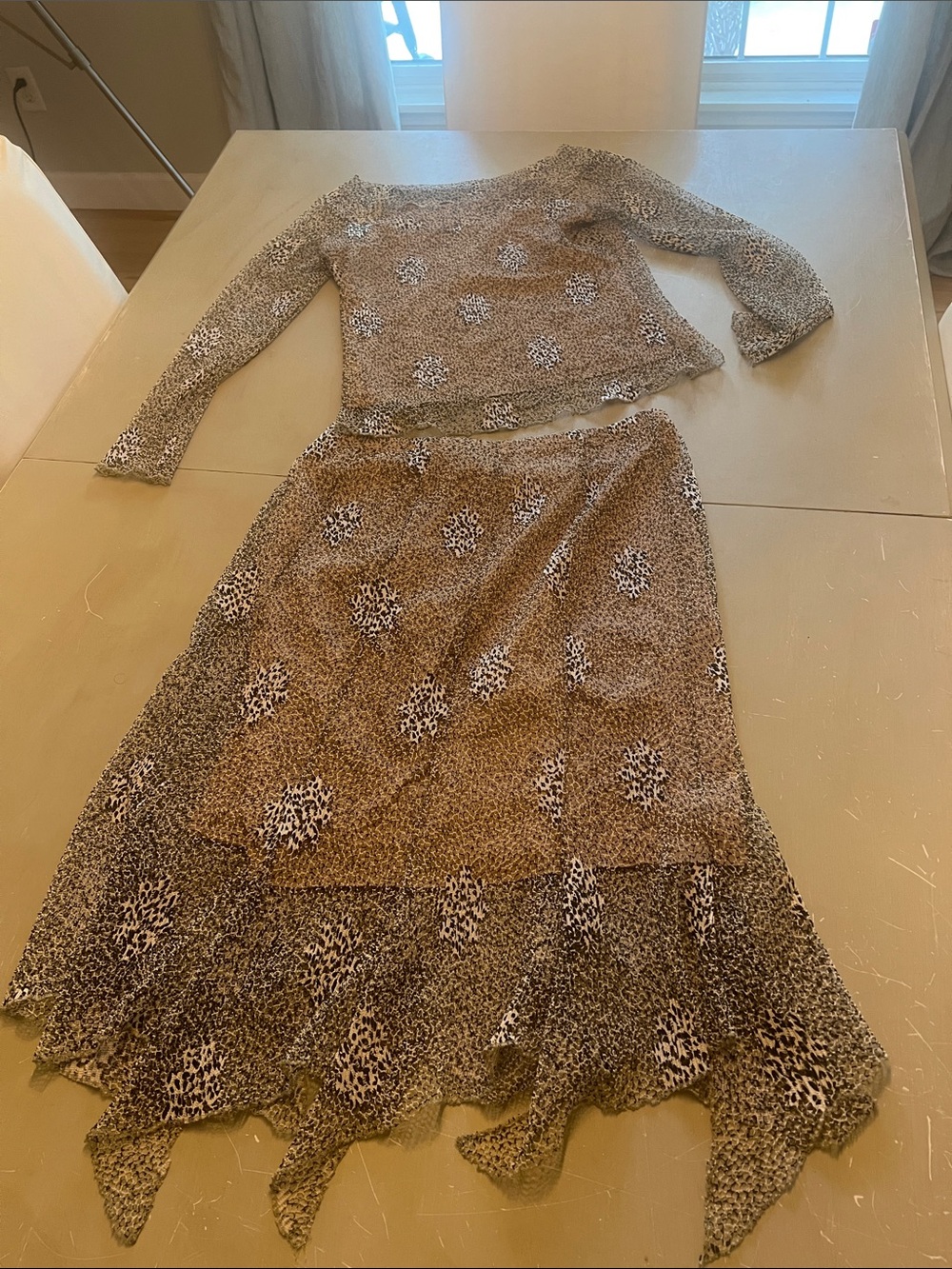 Leopard-Print High-Low Skirt Dress Set in Brown